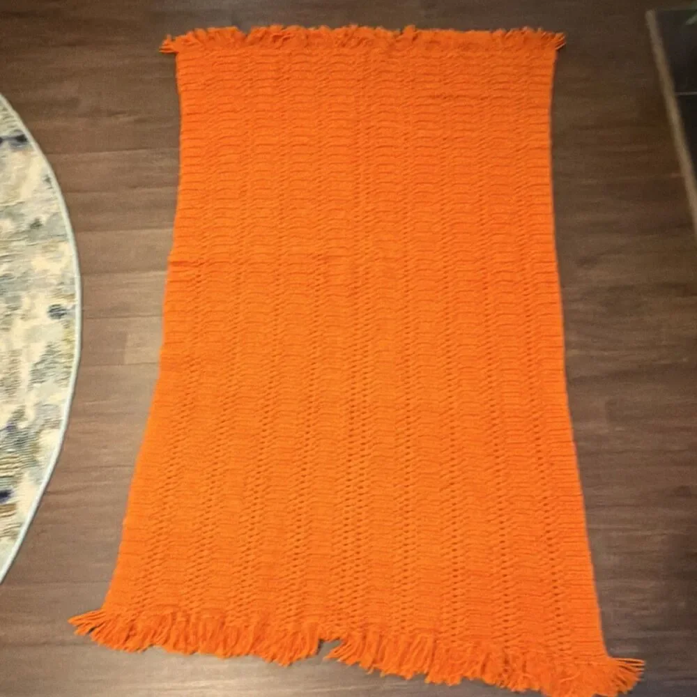 Handmade Crochet Orange Fringed Sofa Throw Blanket Rectangle Solid